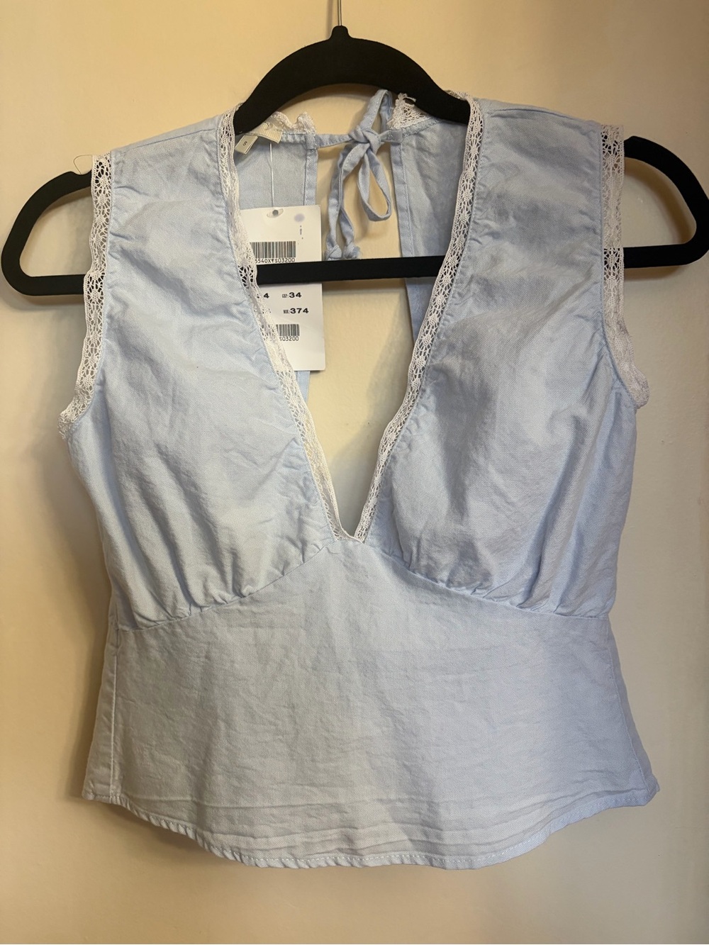 Brandy Melville Light Blue Cotton Lace Trim V-Neck Tie Back Summer Tank Top